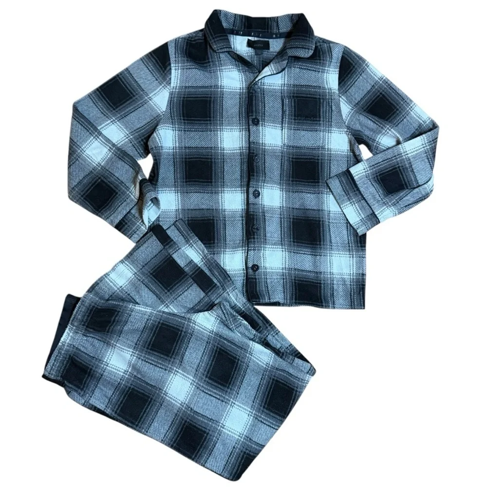 SKIMS| Kids Unisex Gray and Black Fleece Flannel Plaid Pajama Set - Size 10